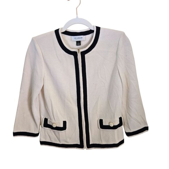 St. John Caviar Jacket Cream Black Santana Knit Full Zip 3/4 Sleeve Size 2 - Picture 2 of 8